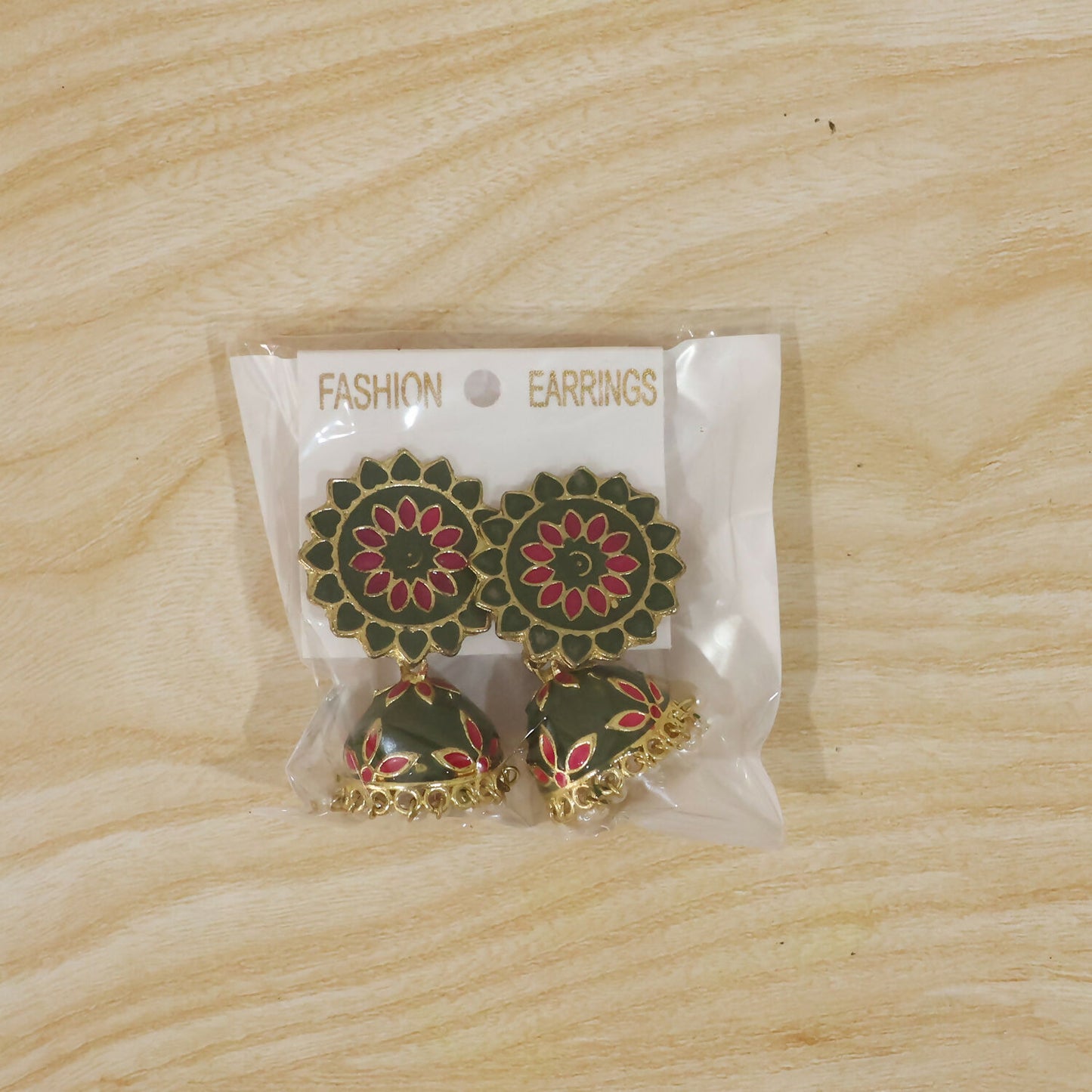 Pair of olive green and pink floral enamel jhumka earrings