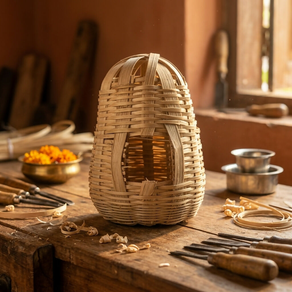 Close-up of handwoven bamboo bird nest entrance