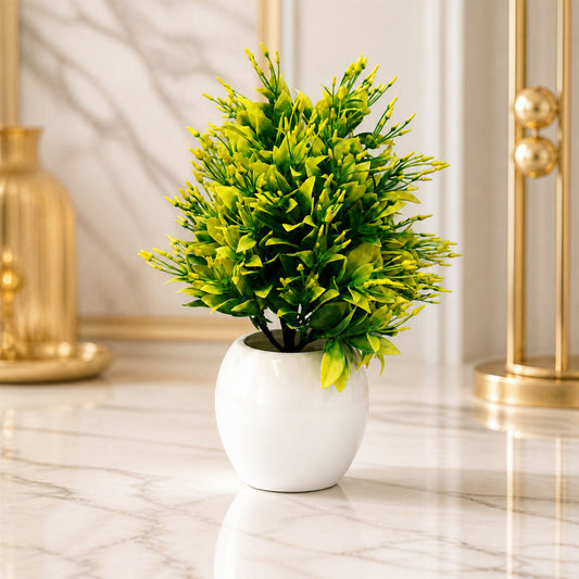 Artificial Yellow Green Bonsai Tree Plant in White Ceramic Pot Home Office Décor
