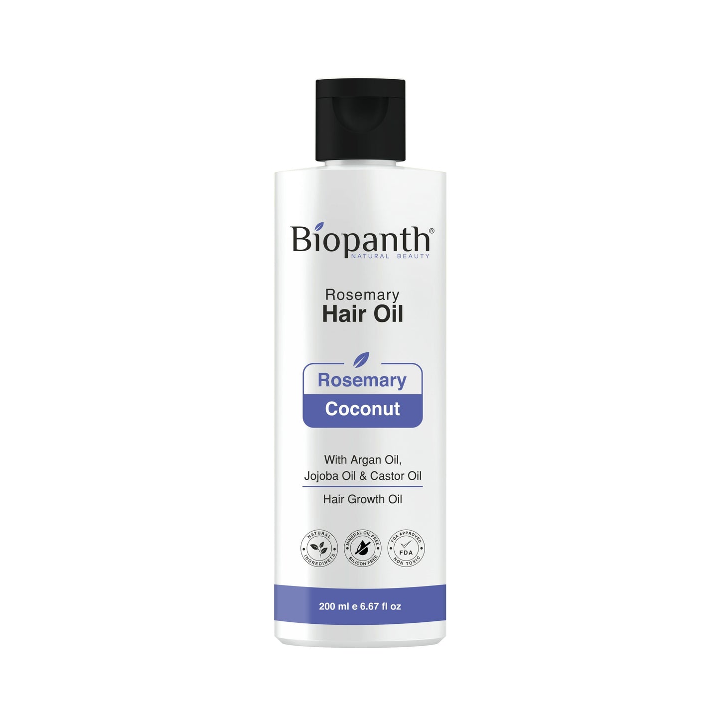 Herbal coconut rosemary hair oil in a clear bottle, herbal ingredients visible