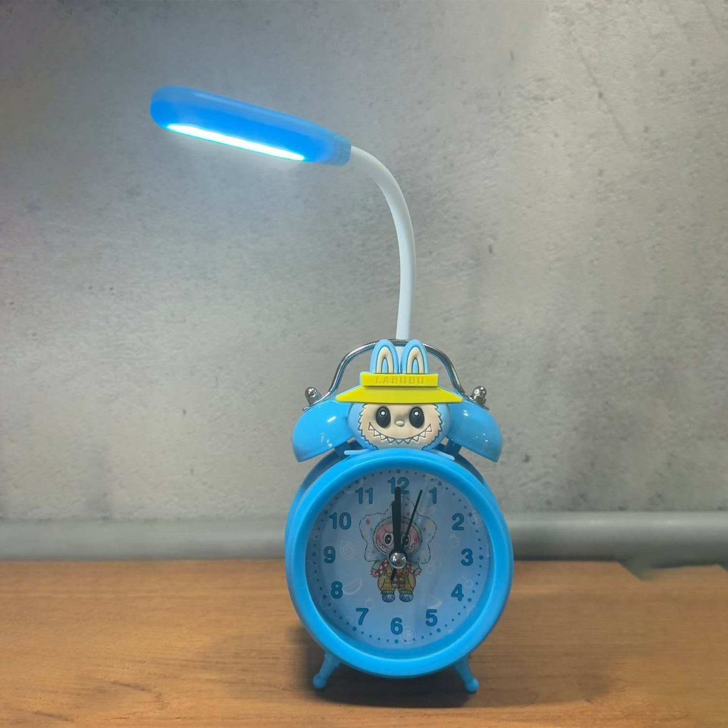 Kids Cartoon Blue Alarm Clock with LED Reading Lamp | Cute Rabbit Design, Dual Bell Analog Table Clock with Night Light, Adjustable LED Arm Lamp for Kids Bedroom, Study Table & Birthday Gift
