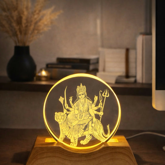Durga Engraved Acrylic LED Night Lamp with Wooden Base for Home Decor & Gifting