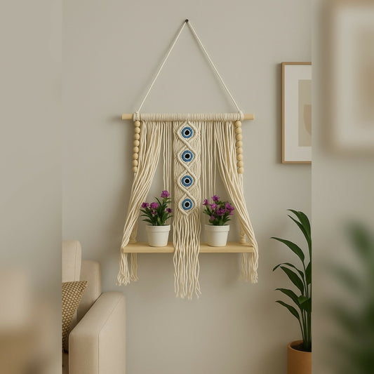 A macrame wall hanging shelf with evil eye design and wooden beads, holding two small purple potted plants.