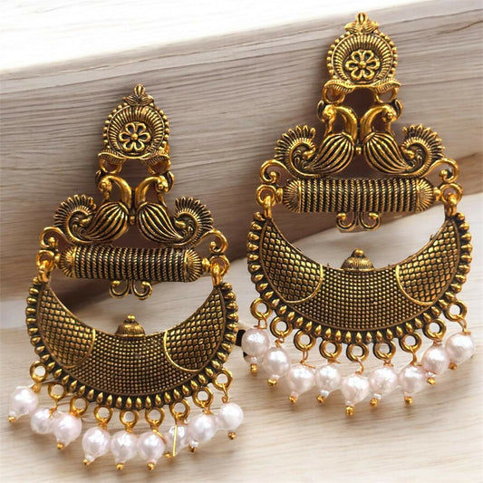 Antique Gold Tribal Chandbali Earrings with Pearl Drops & Peacock Motif