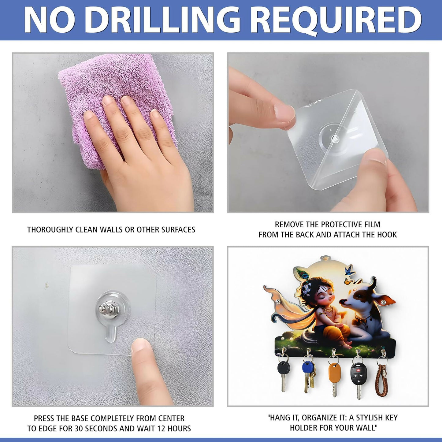 Decorative Krishna Cow Design Wall Key Holder with 5 Hooks – No Drilling Required