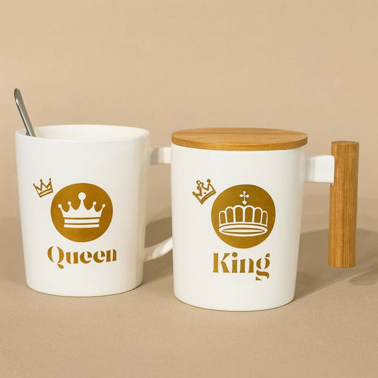 Premium King & Queen Ceramic Mug Set with Wooden Lid & Handle | Luxury Crown Design Coffee & Tea Mugs | Elegant Gift Set for Couples, Husband Wife, Anniversary, Birthday, Valentine, Home & Office Use