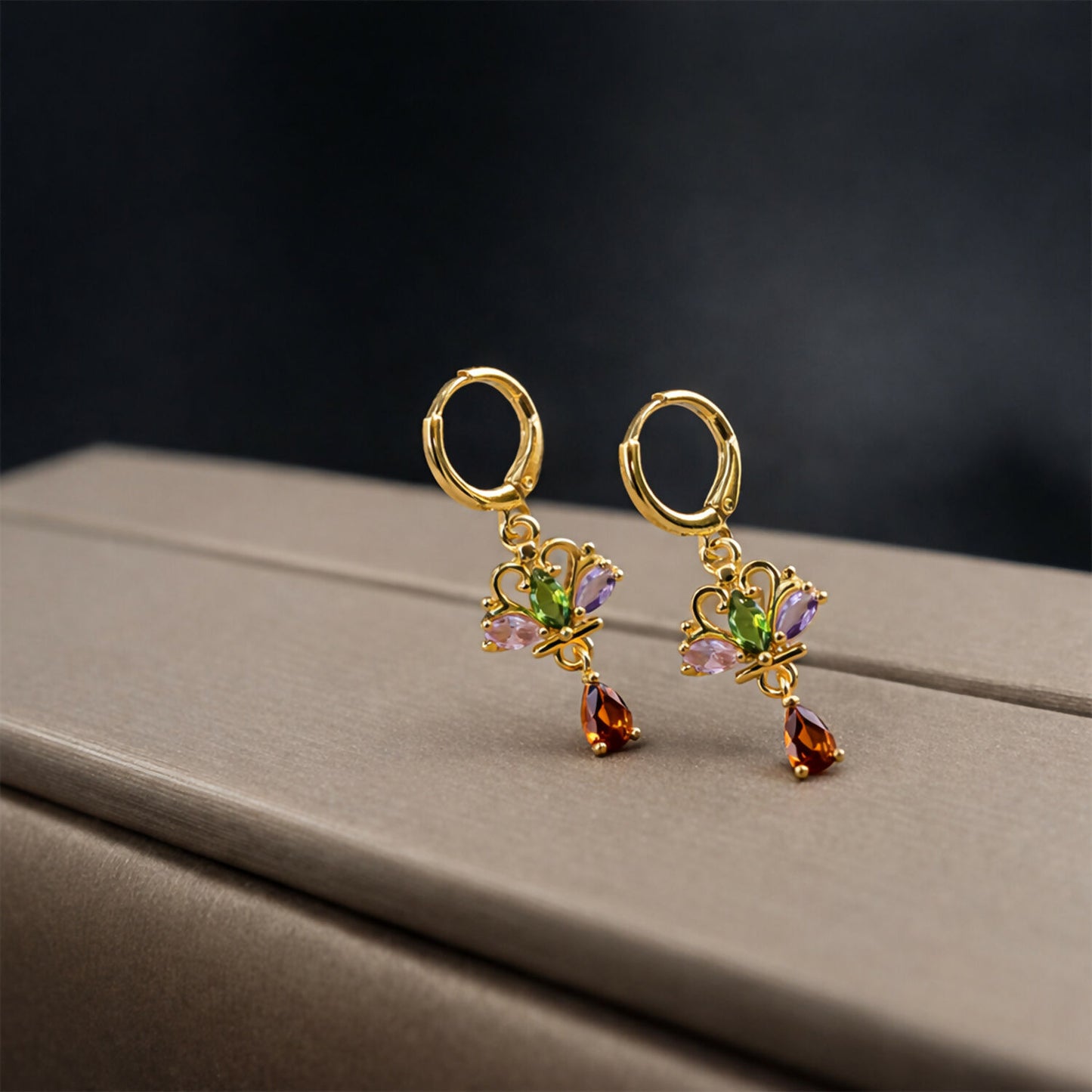 Royal Crown-Inspired Multicolor Crystal Dangle Earrings with Gold Hoop