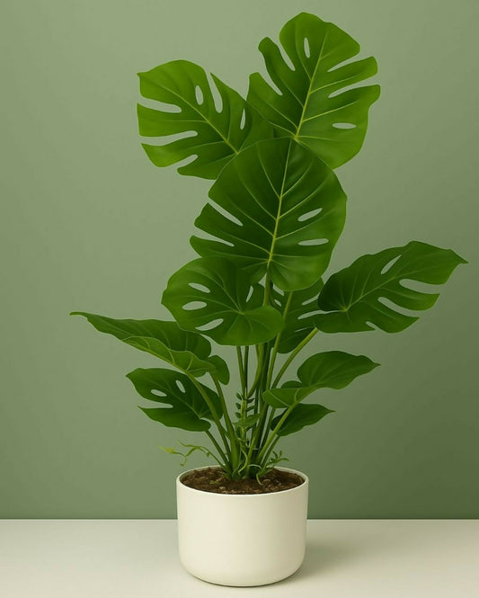 Decorative pot with artificial monstera leaf plant ideal for office desk