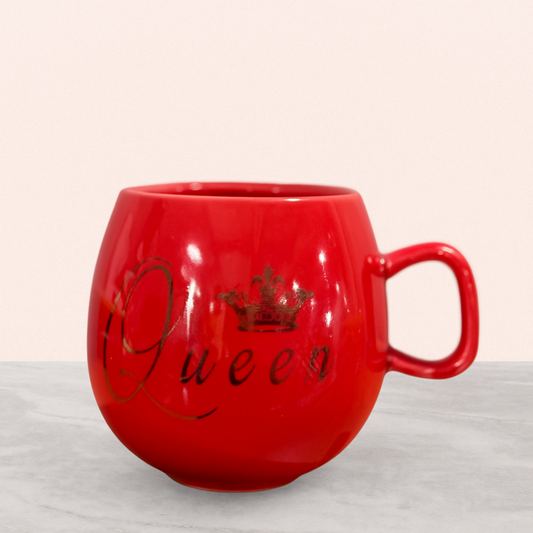 Luxury Red Ceramic "Queen" Mug with Glossy Finish – Elegant Round Coffee Cup for Women, Gift Mug for Her, Tea & Coffee Mug with Handle, Premium Decorative Drinkware for Home & Office