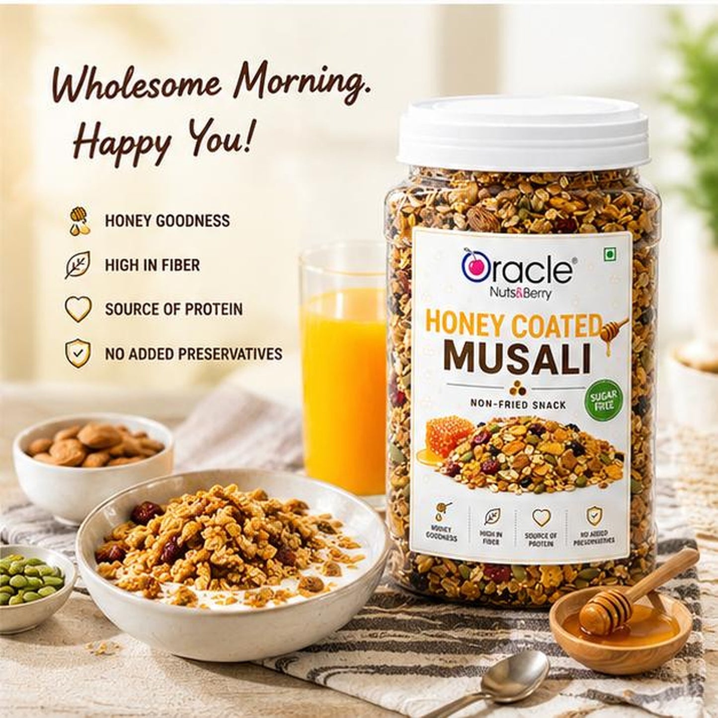 Wholesome breakfast muesli with nuts and dried fruits in a transparent jar.