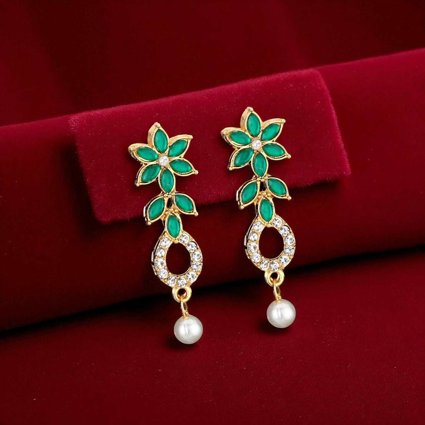 Emerald Green & Crystal Leaf Motif Necklace Set with Pearl Drop