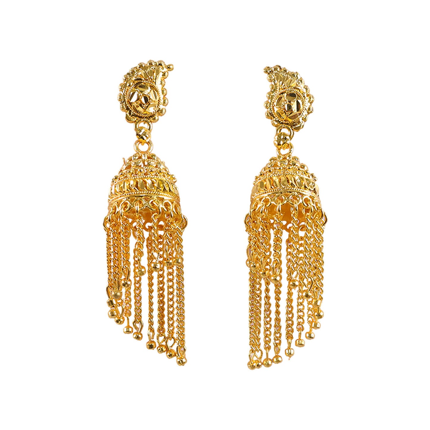 Gold jhumka earrings worn with traditional outfit