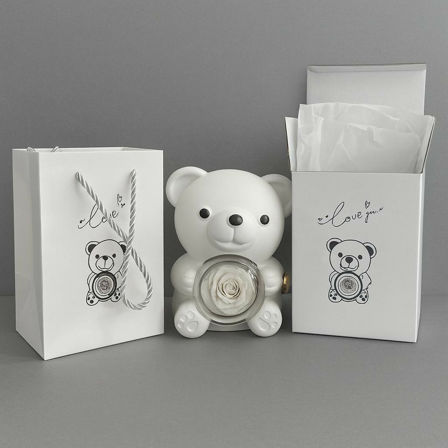 White Teddy Bear With Eternal Rose Gift Box | Romantic Love Gift for Her & Couples