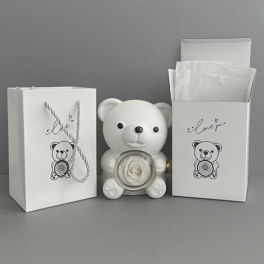 White Teddy Bear With Eternal Rose Gift Box | Romantic Love Gift for Her & Couples