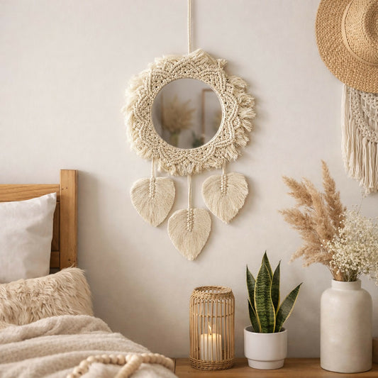 Macrame Wall Mirror Hanging Boho Decorative Mirror with Tassels