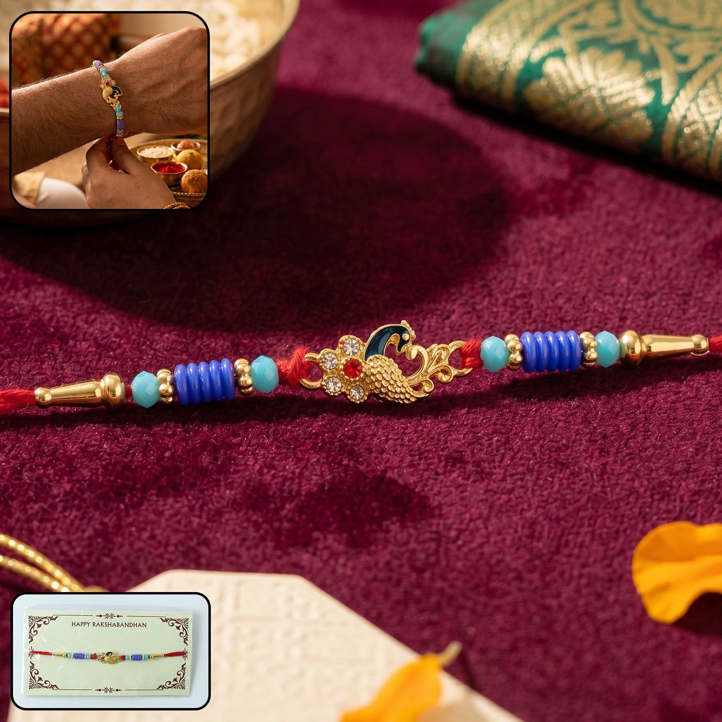 Antique Mini Peacock Designer Rakhi with soft thread and decorative beads