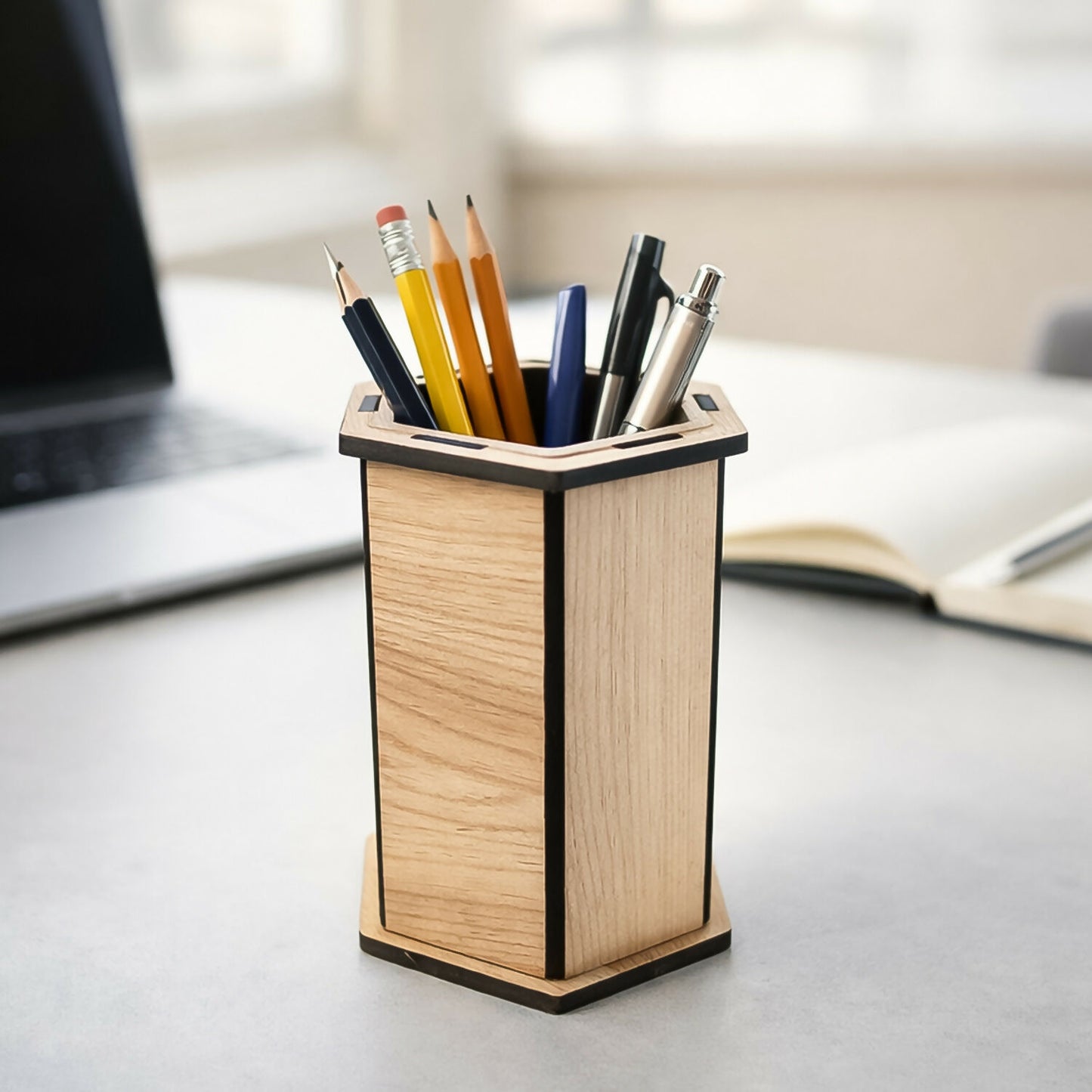 Wooden Hexagon Pen Stand for Desk | Office & Study Table Stationery Organizer