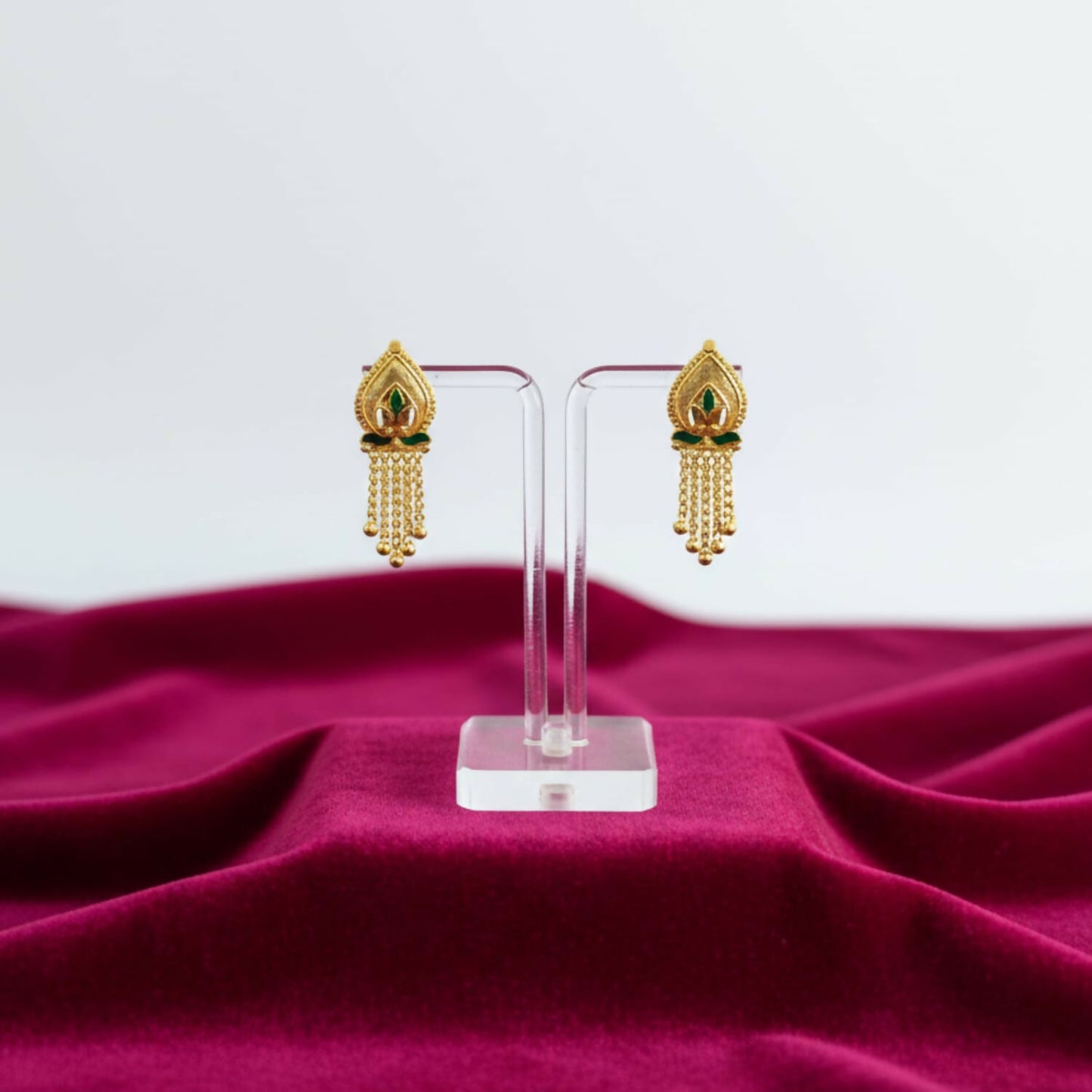 Side view of lightweight 5 Line Golden Earrings showing detailed craftsmanship and dangling golden beads