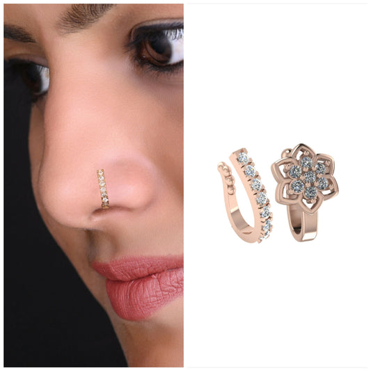 CZ Flower Non-Piercing Nose Clip/Cuff (Gold & Rose Gold) Combo Pack of 2