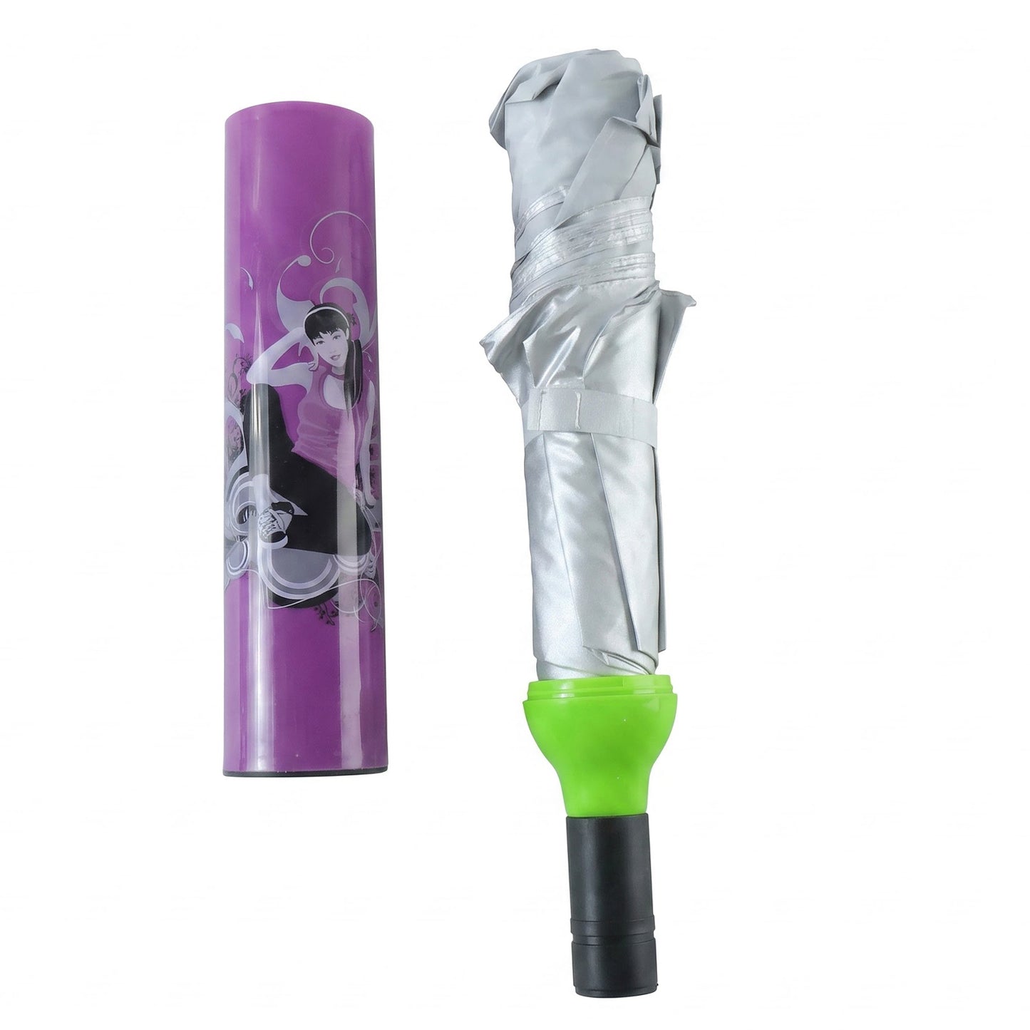Collapsed grey umbrella with green handle next to its purple bottle-shaped case with a woman illustration.