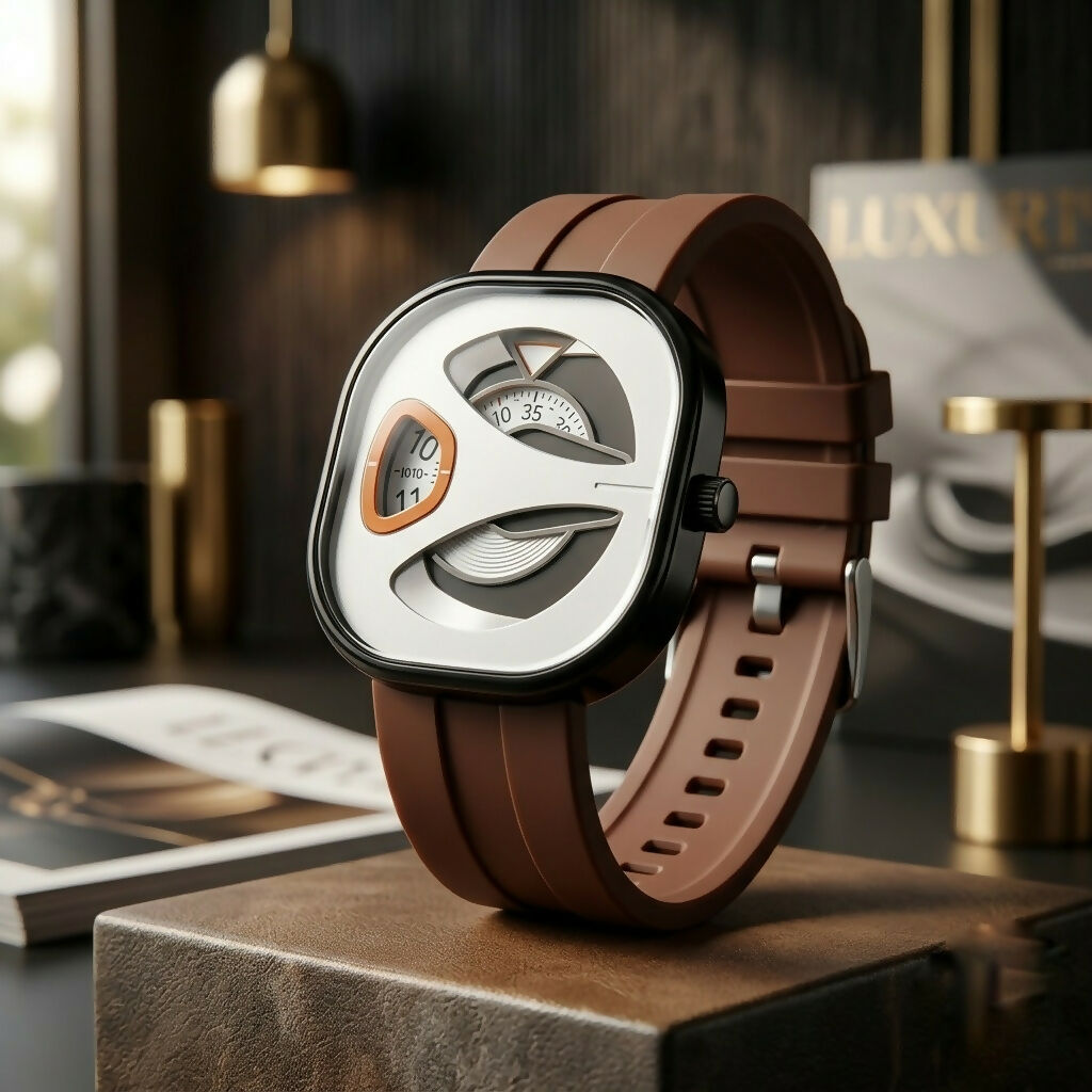 Brown silicone strap watch with a white and black disc dial, orange detail, and rounded square case on a display block.
