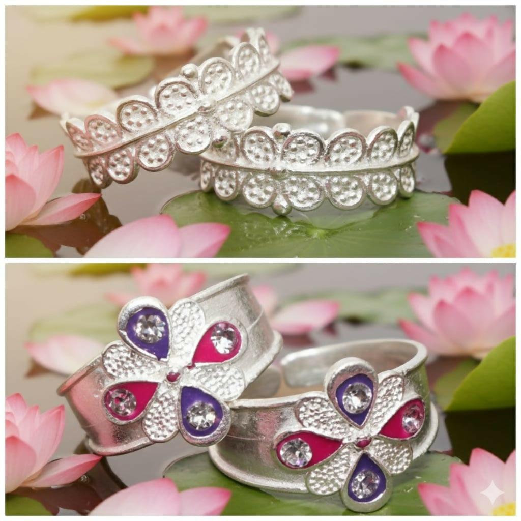 Silver Plated Traditional Floral & Scalloped Toe Rings Bichiya combo pack of 2