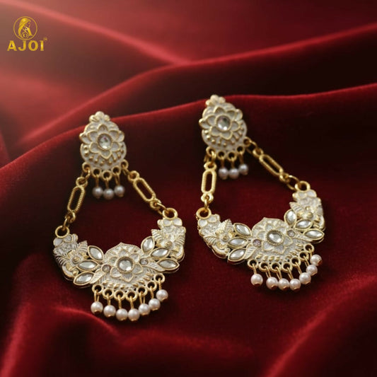 Antique gold-plated chandbali earrings with white stones and pearl drops
