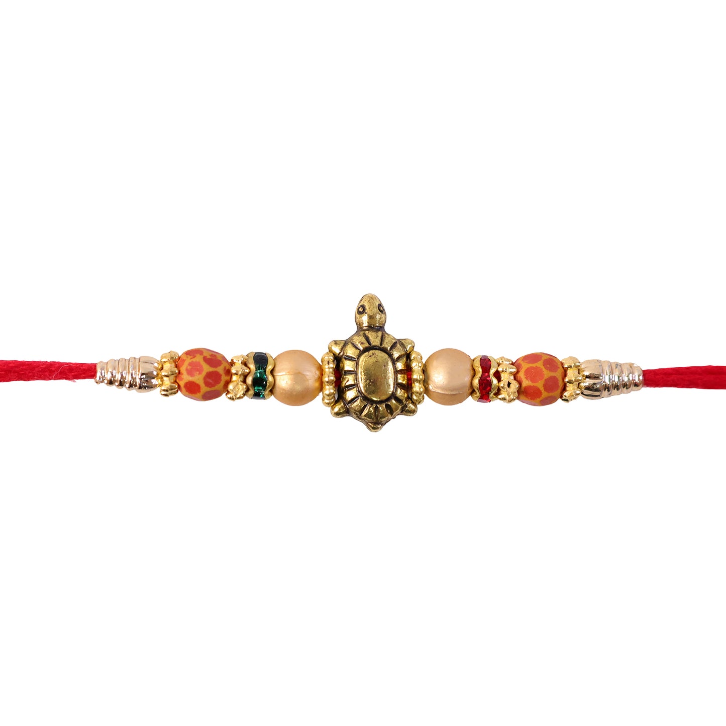 Red Thread Rakhi with Antique Gold Turtle Pendant and Beaded Accents