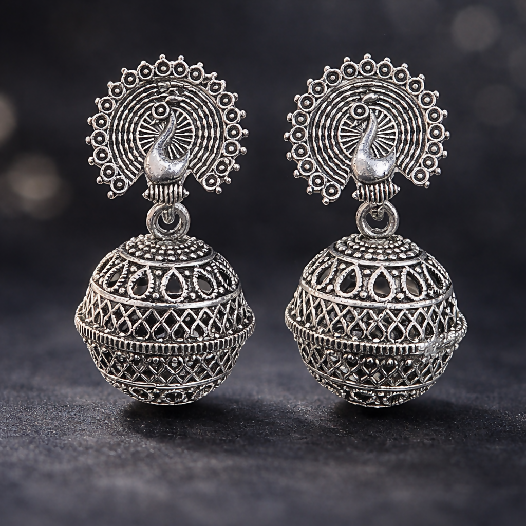 Front view of elegant oxidised silver jhumka earrings with peacock design