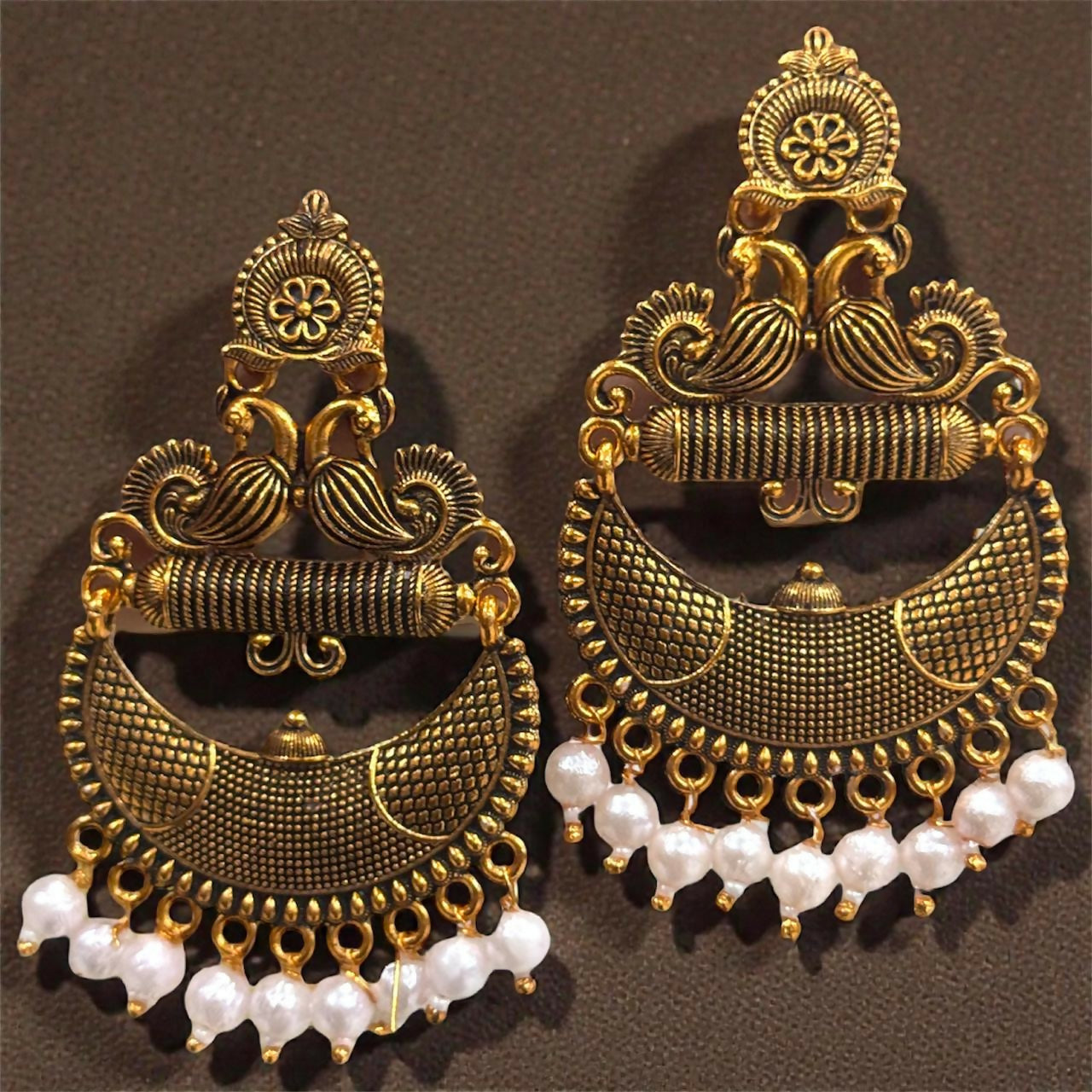 Antique Gold Tribal Chandbali Earrings with Pearl Drops & Peacock Motif
