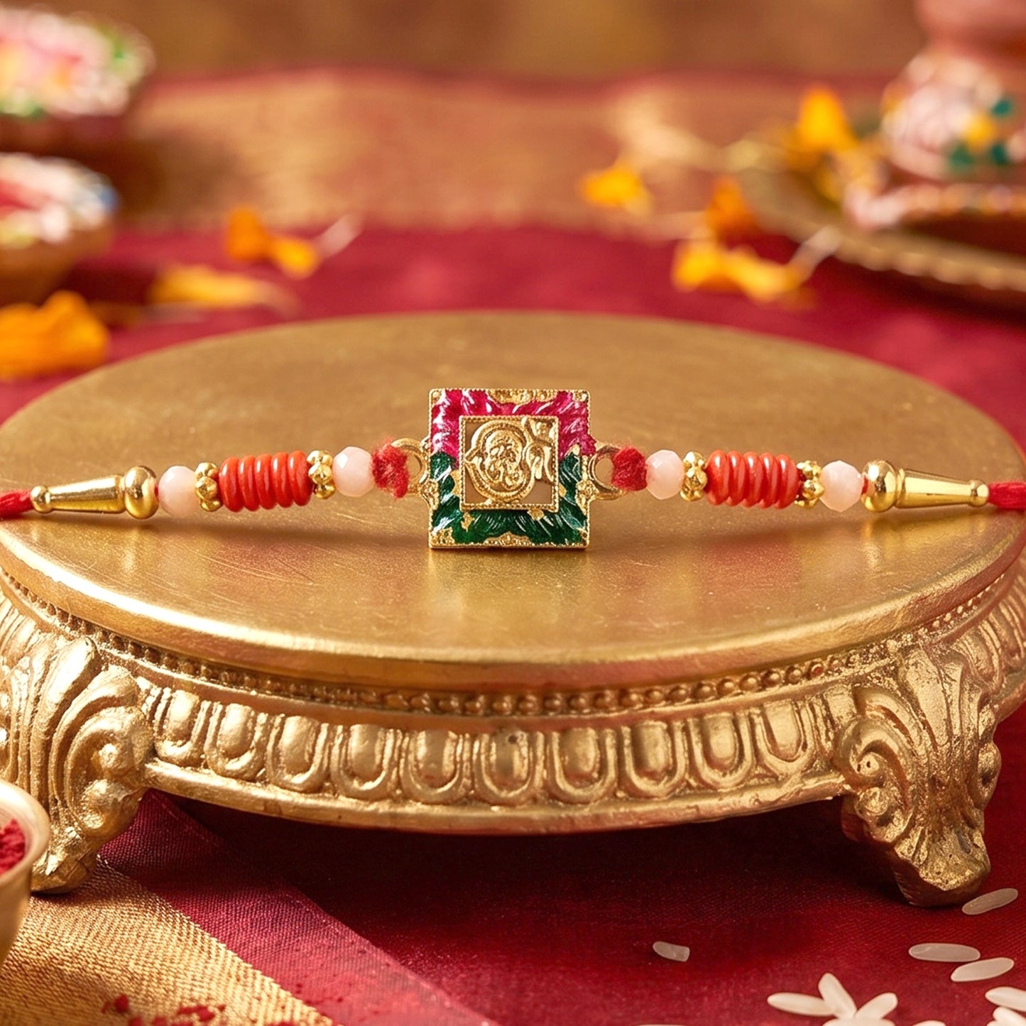 Top view of Lord Ganesha antique rakhi with soft thread
