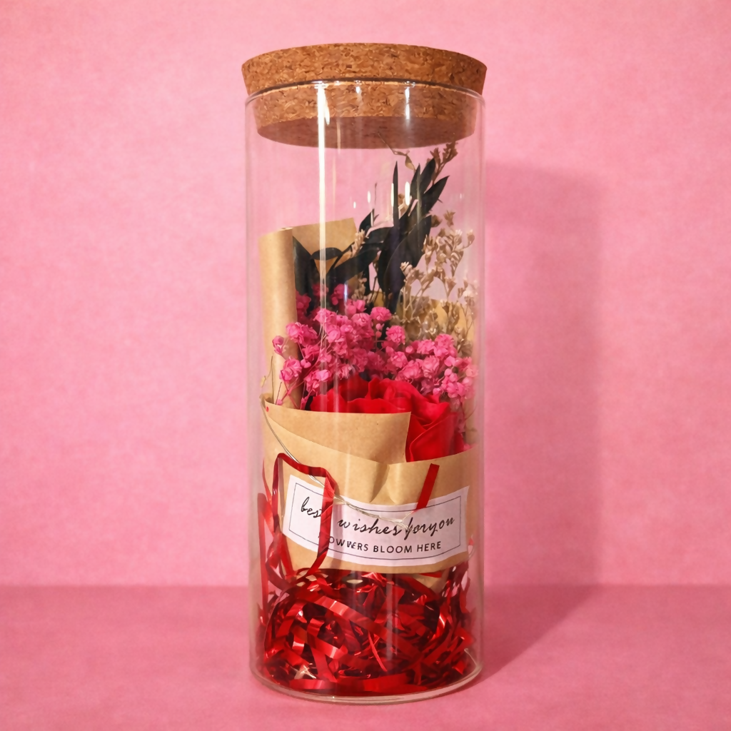 LED Glass Dome Flower Bouquet Gift Jar with Cork Lid & Fairy Lights (ANY COLOR)