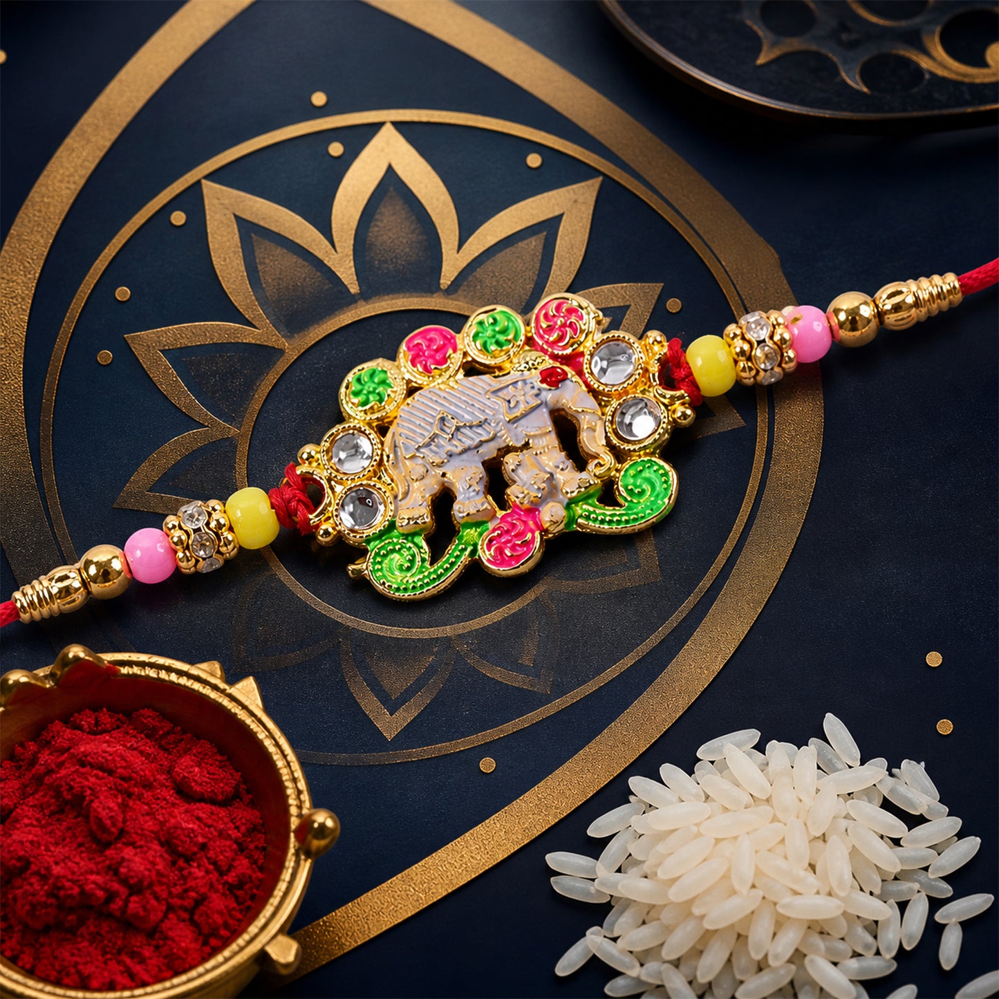 Festive Rakhi featuring Elephant Charm and gold trims in display look for Gift Use
