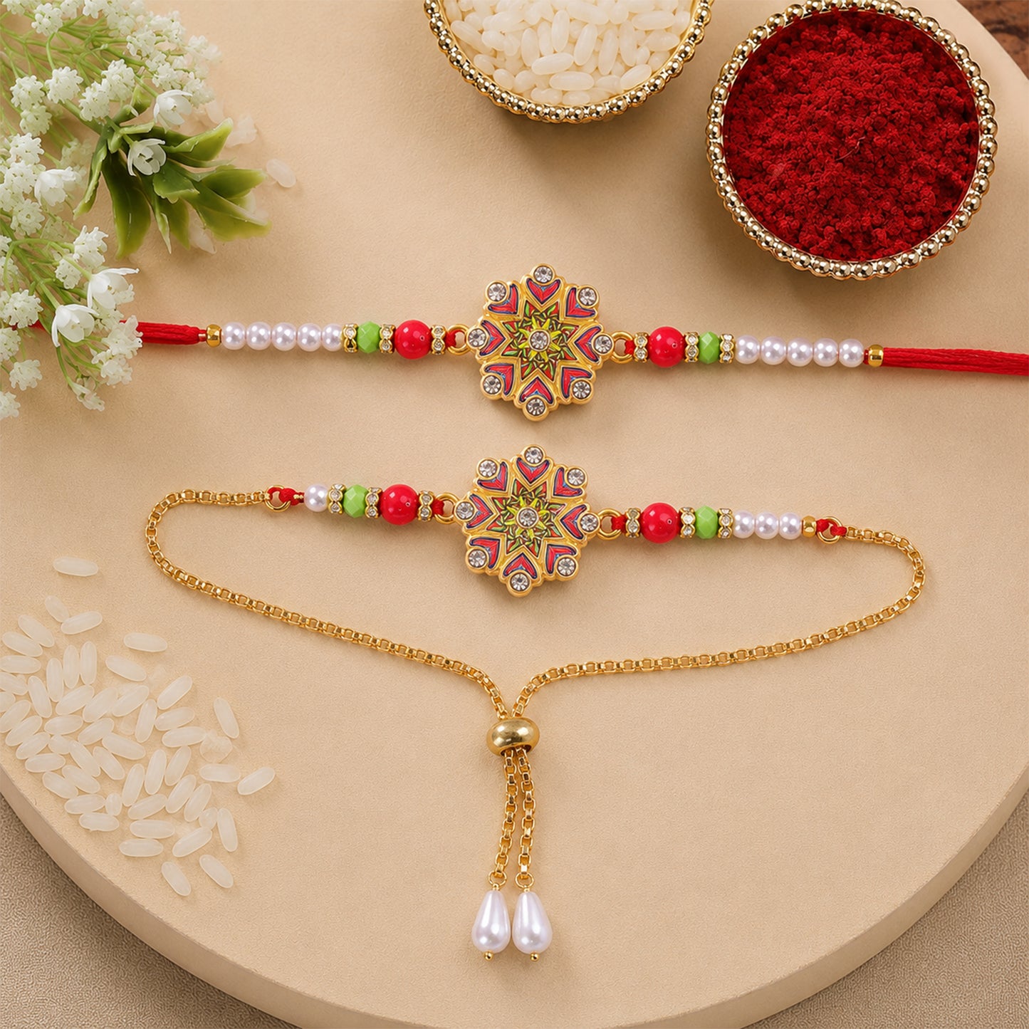 Bhaiya Bhabhi Floral Meenakari Rakhi & Pearl Drop Lumba Combo Set Gift