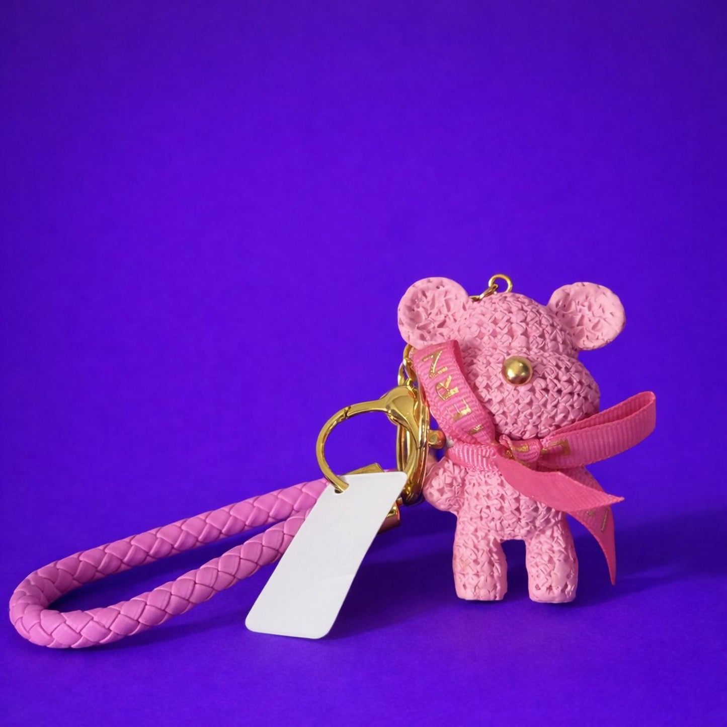 Cute Pink Teddy Bear Keychain with Braided Strap Bag Charm for Girls