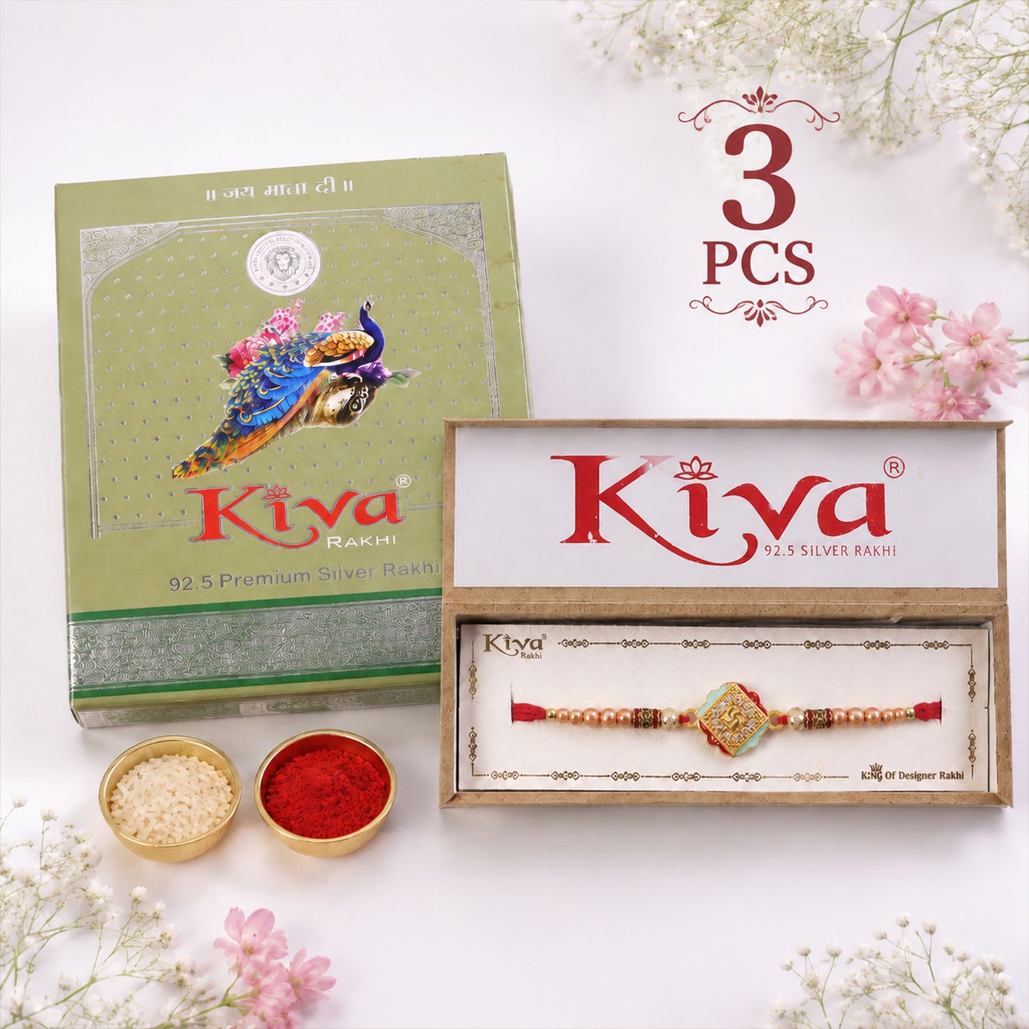 Silver Rakhi with Golden Square Om Centre, Roli Chawal Coin and Peacock Gift Packing
