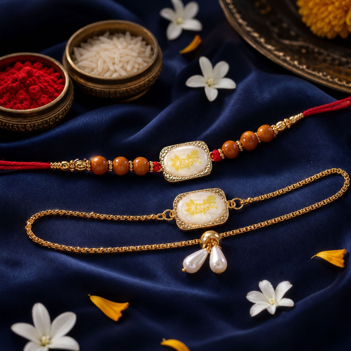 Krishna Bansuri Printed Stone Stylish Beads Bhai Bhabhi Rakhi Lumba Set