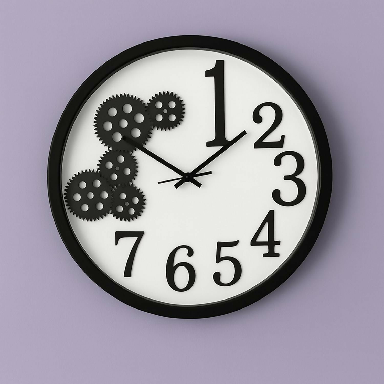 Modern Black & White Gear Design Wall Clock – 35 cm Large Decorative Round Analog Clock with Silent Quartz Movement, Stylish Number Pattern – Living Room, Bedroom & Office Wall Décor