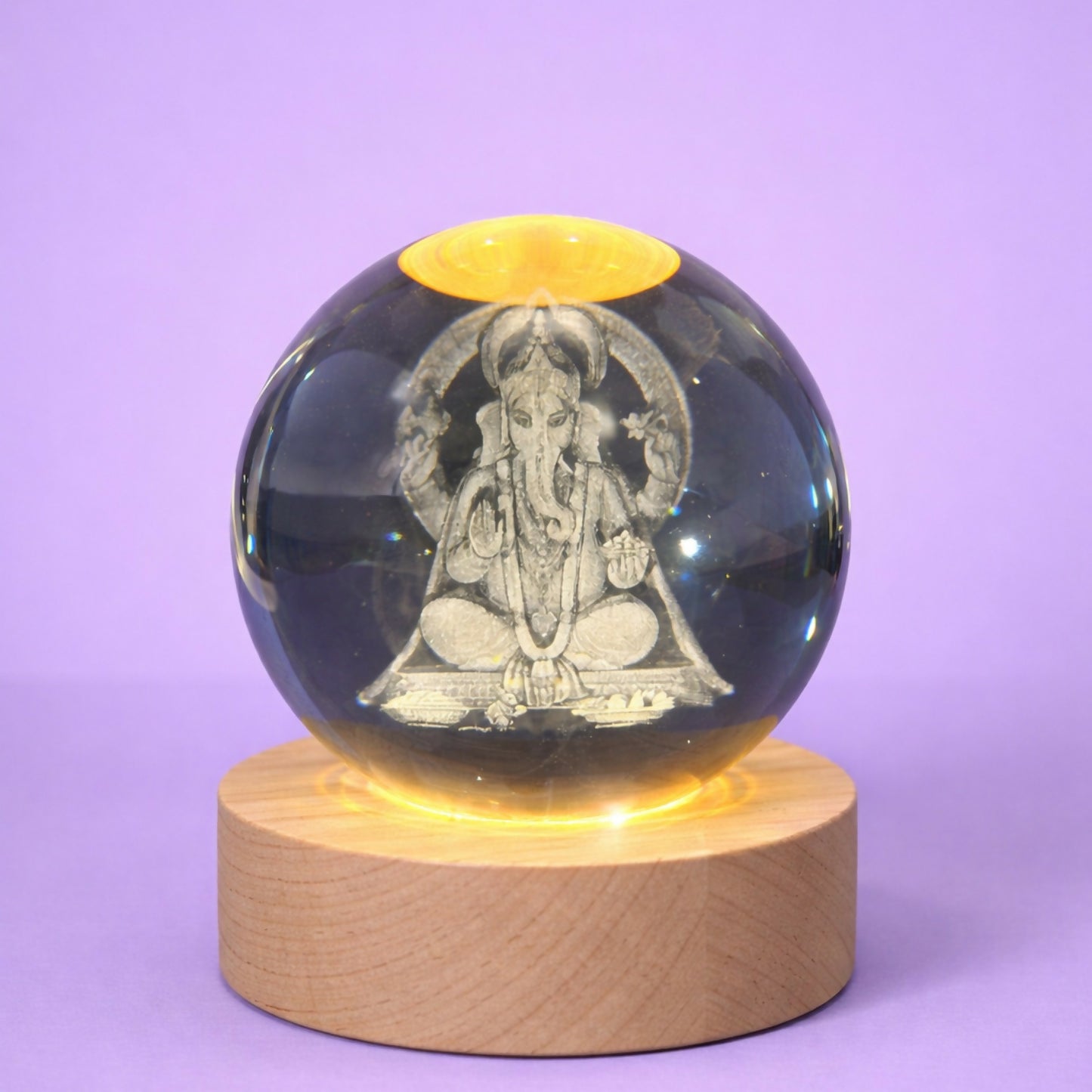 3D Crystal Ganesh Night Lamp with Wooden Base, USB Powered Decorative Light