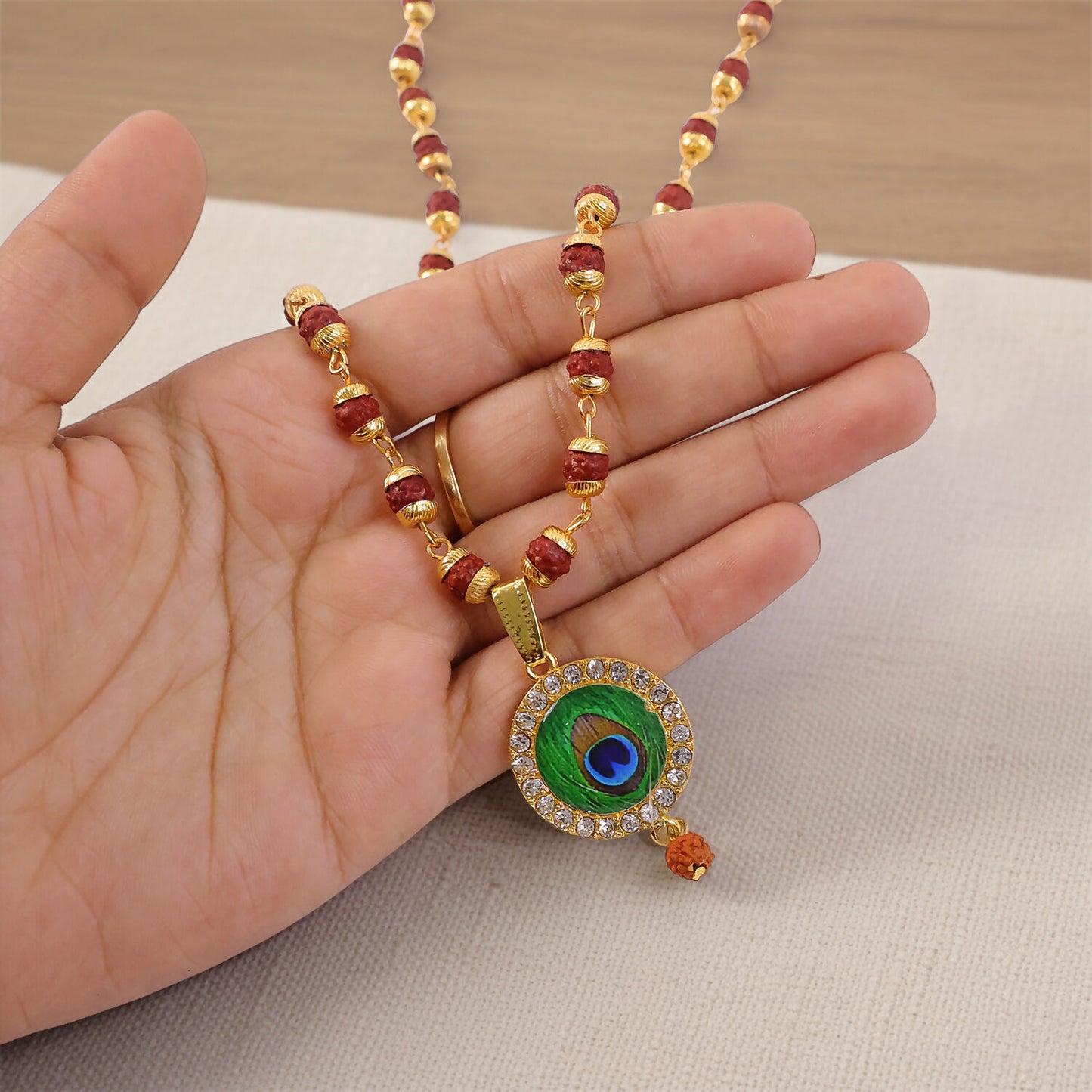 Morpich Feather Gold Plated Pendant & Rudraksha Mala