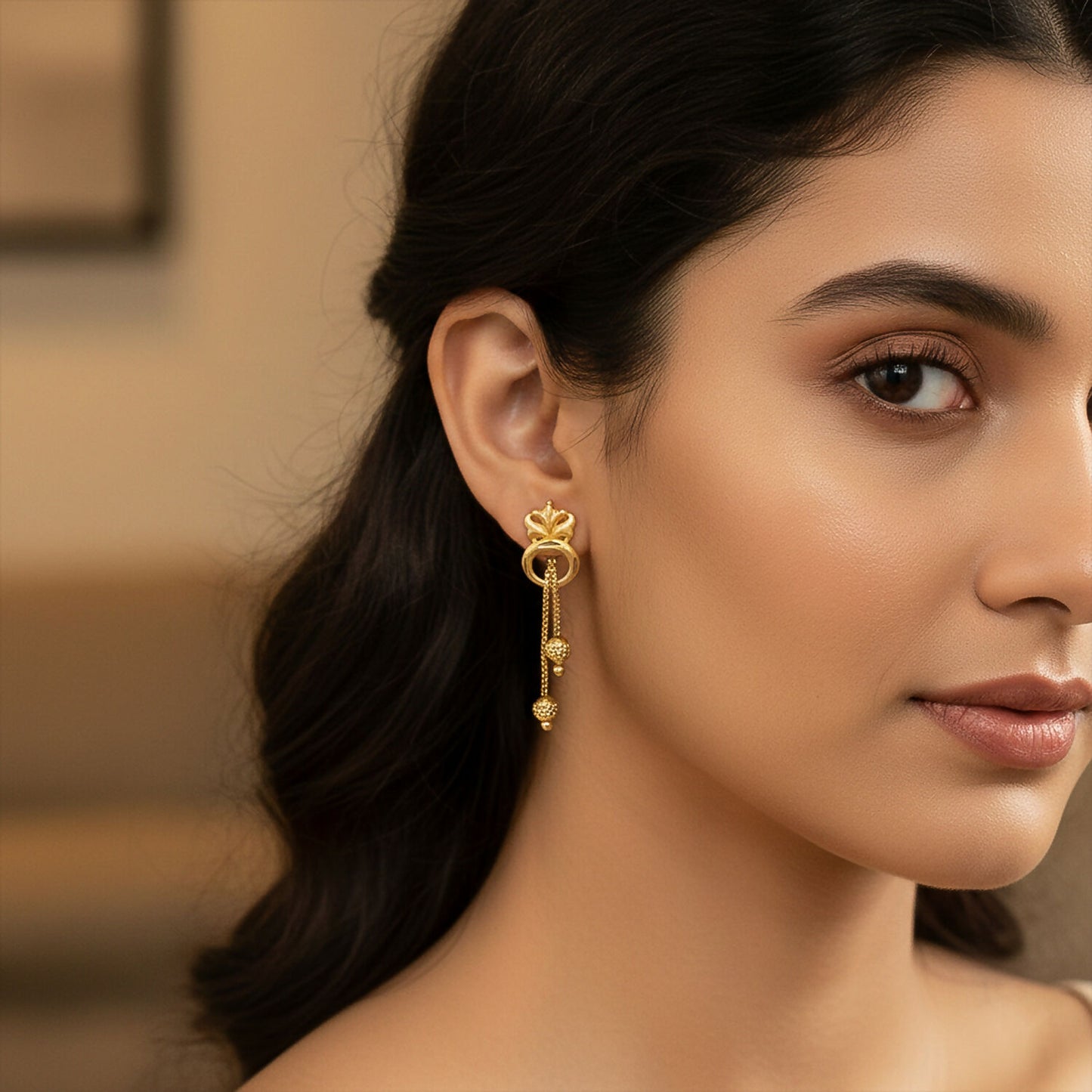 Elegant Gold-Toned Floral Drop Earrings Set with Chain Danglers & Beads (2 Pair)