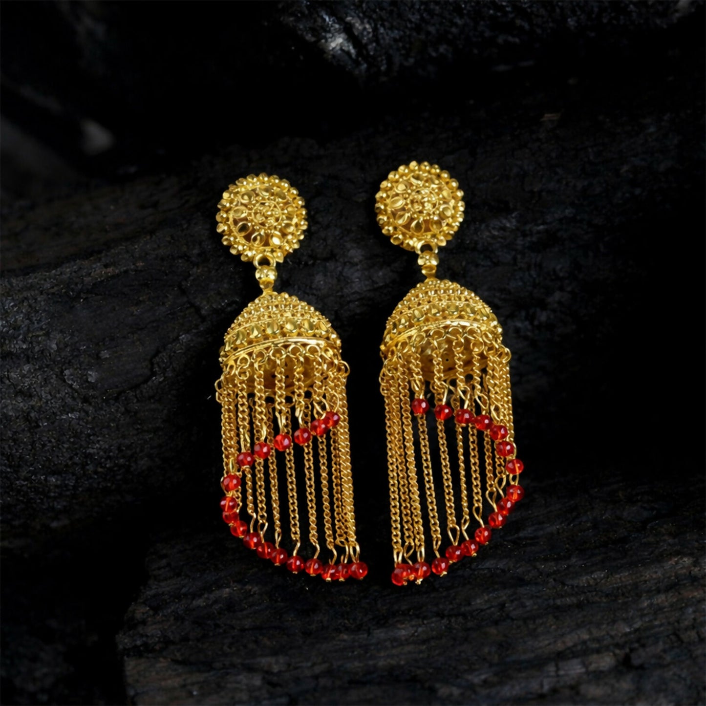 Traditional Gold Tone Tassel Jhumka Earrings Long Chain Drop Ethnic Earrings for Women