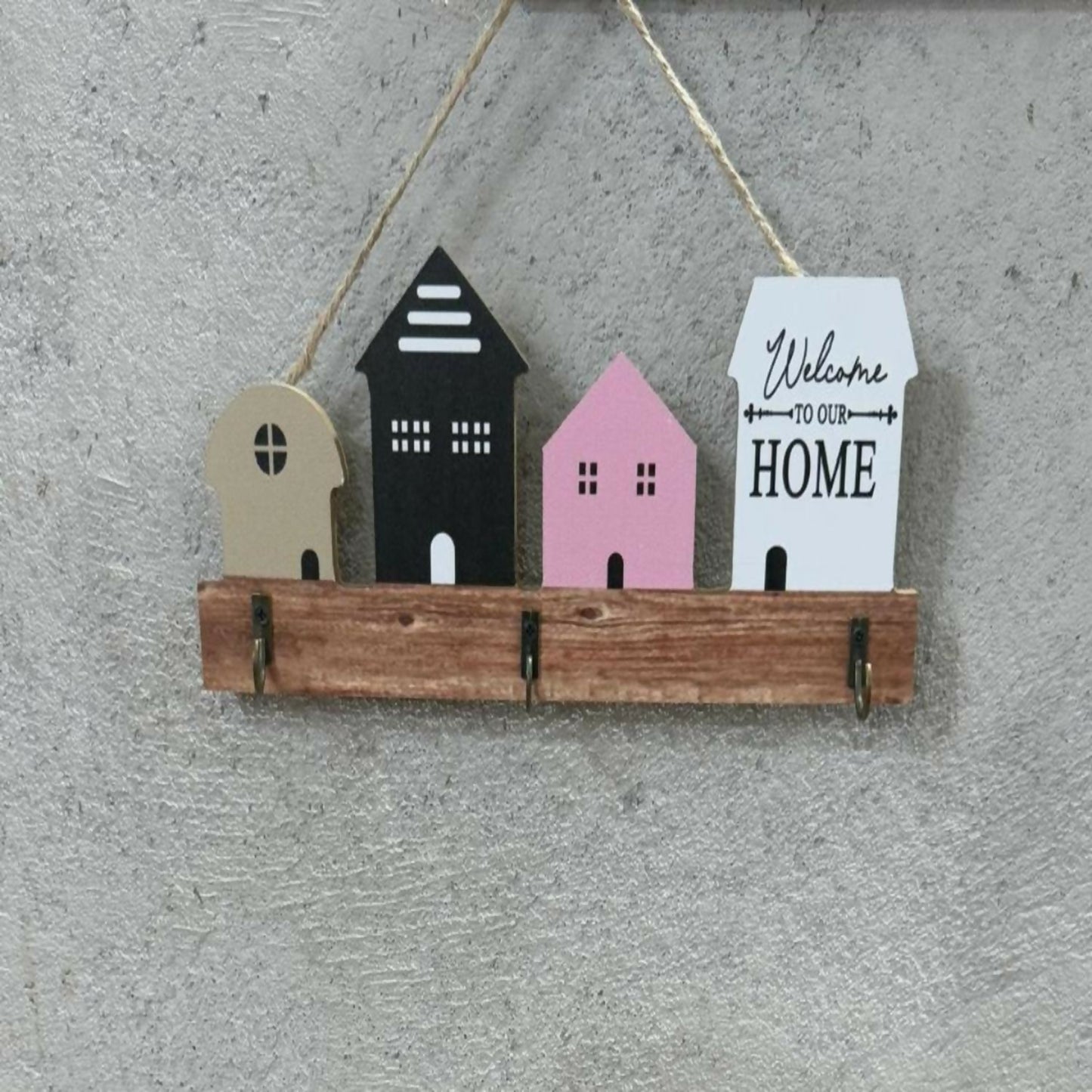 Wooden Key Holder for Wall – Decorative House Shaped Hanging Key Organizer Rack with 4 Hooks – “Welcome to Our Home” Design, Rustic Wall Décor for Entryway, Living Room & Office