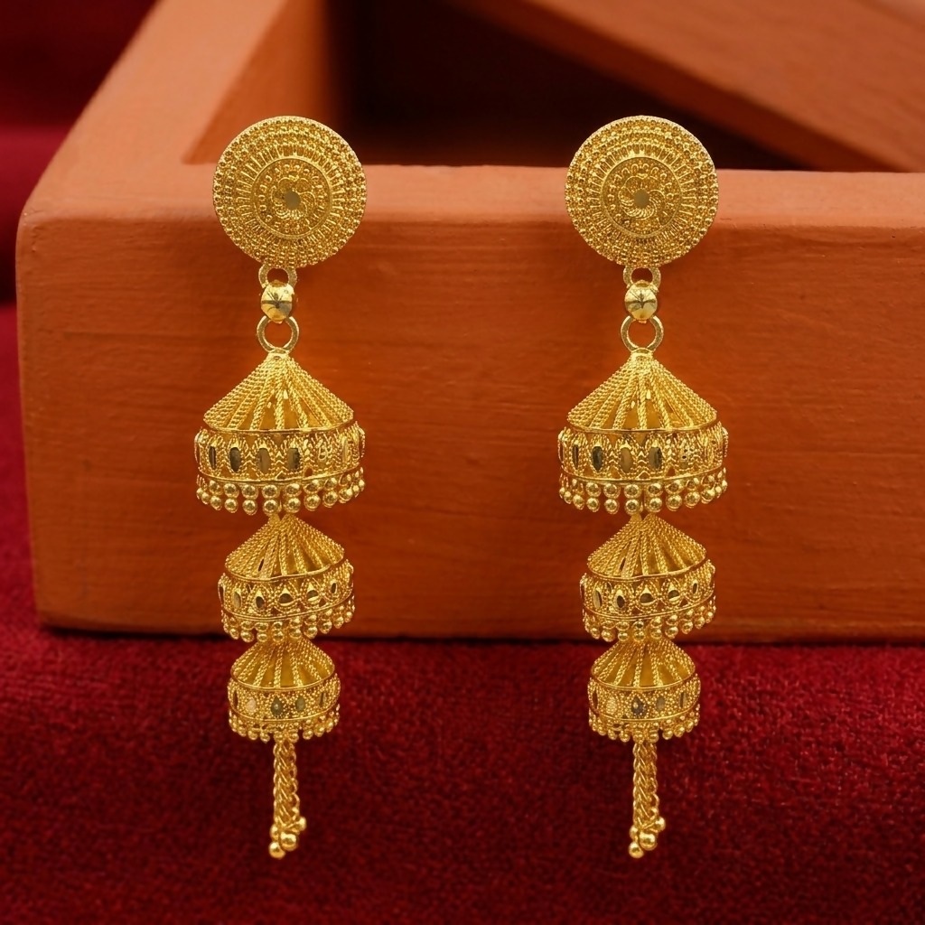 Close-up of intricate design on gold Jhumki earrings