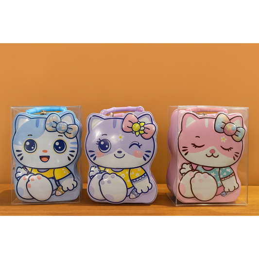 Cute Cat Shaped Lockable Metal Storage Box with Handle & Lock | Kitty Coin Bank, Kids Treasure Chest, Money Saving Box, Toy Organizer, Secret Storage Case for Children | Durable Metal Case with Key