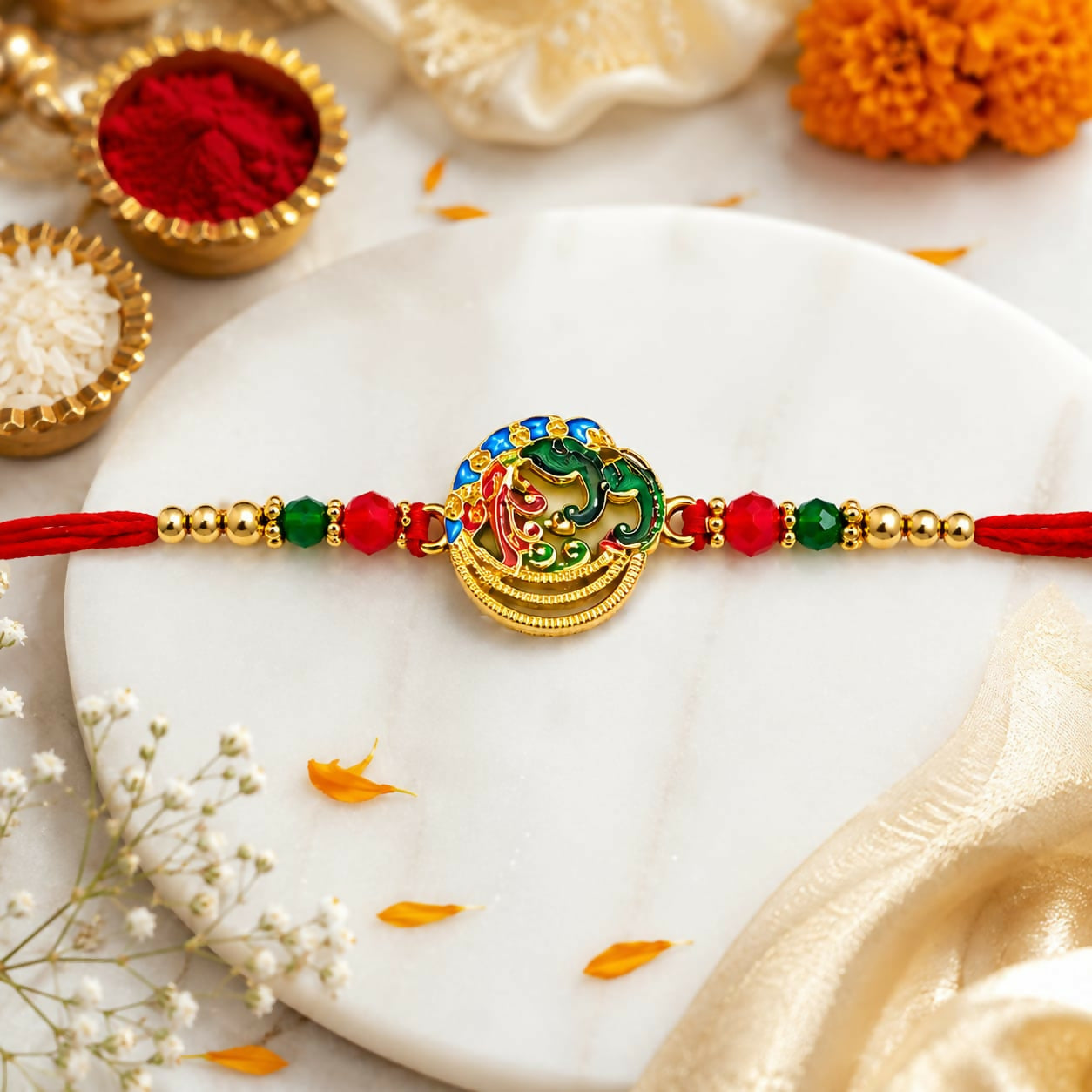 A gold, red, green, and blue Meenakari peacock and Ganesha circular dial is centered on a red thread with gold and crystal