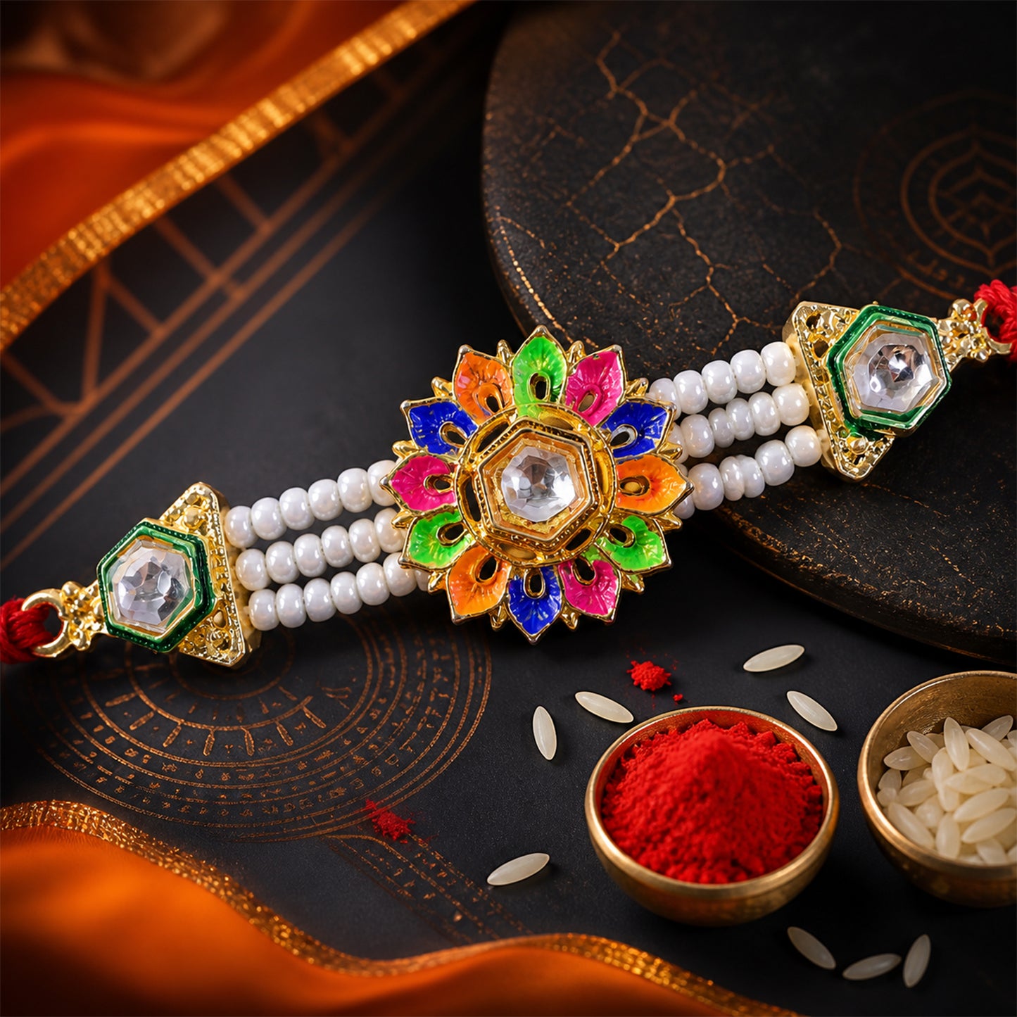 Multicolor Pearl Floral Rakhi with Jewel Center and Bright Festive Gifting Elegance