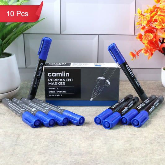 Camlin Permanent Marker – Blue Colour, Bold & Long-Lasting Ink, Refillable Multi-Surface Permanent Markers – Pack of 10