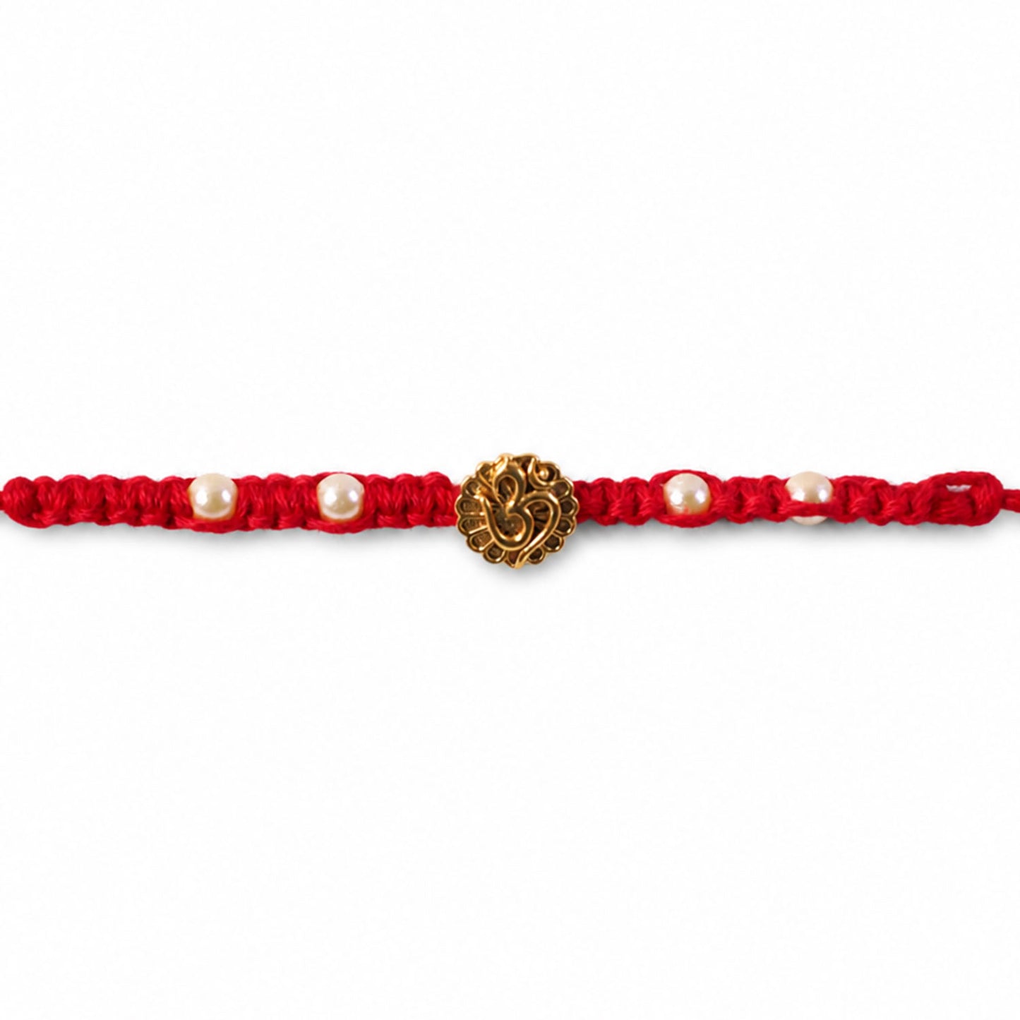 Red Braided Rakhi with Antique Gold Om Pendant and Lustrous Pearls