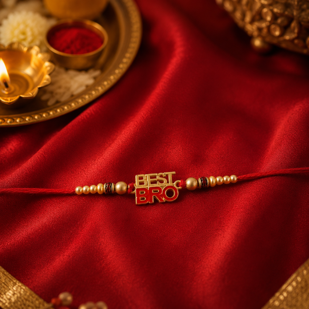Best Bro Text Rakhi with Gold Letters and Neat Pearl Beads